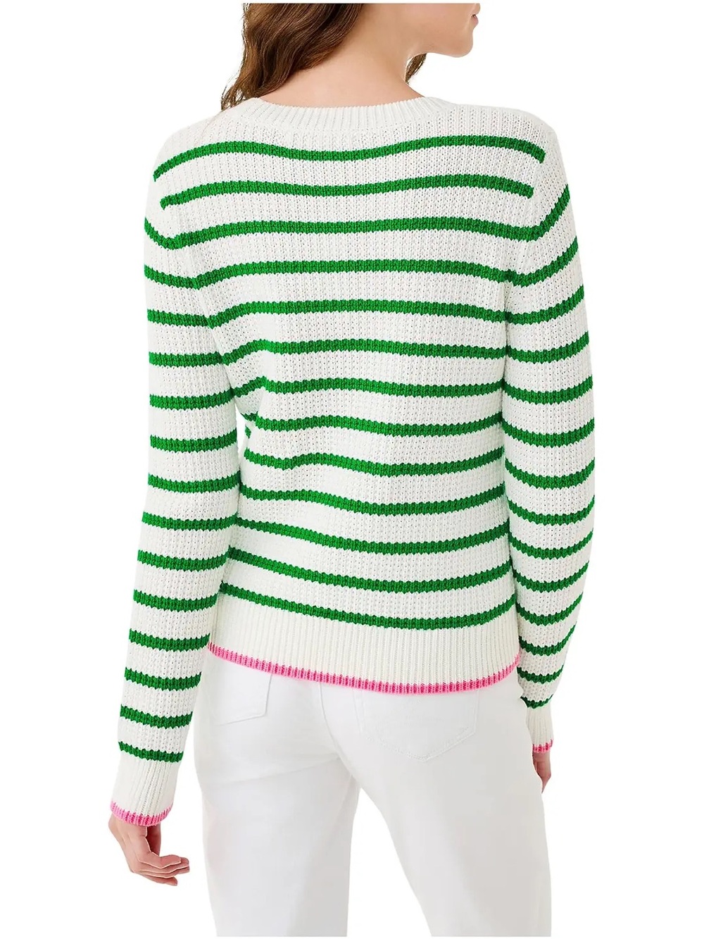Lilly Pulitzer Jovienne Cotton Sweater, green white stripe, pink trim. Like New. - Picture 2 of 9